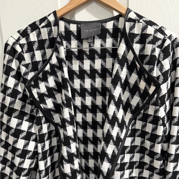 The Limited Black White Trench Coat Houndstooth Pattern Leather Trim w/ Pockets - Picture 8 of 9